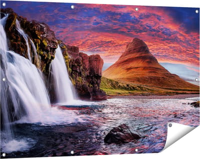 Gards Tuinposter Waterval bij een Berg - 120x80 cm - Tuindoek - Tuindecoratie - Wanddecoratie buiten - Tuinschilderij