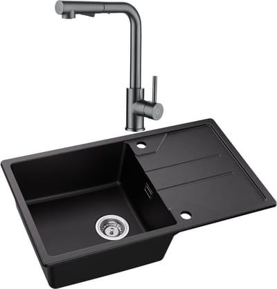 DERW MAX Granieten Spoelbak voor keuken 78x45cm - Enkele Spoelbakken Met Keukenkraan Met Uittrekbare Uitloop - Onderbouw Spoelbak Antraciet - Met Planchet en Waterafvoersysteem - Voor 60 cm Kast