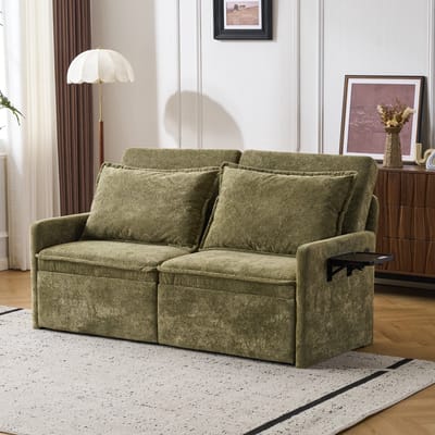 Slaapbank 2-zits groen chenille met USB/Type-C, 3-in-1 sofa bed met 5-stappen verstelbare rugleuning, inklapbaar met opbergvakken en kussens