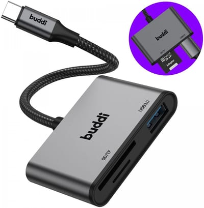 Buddi Ease USB-C SD Kaartlezer - SD Kaartlezer - Card Reader - Inclusief USB A converter - SD 3.0 - Geheugenkaartlezer - Aluminium Behuizing - Grijs