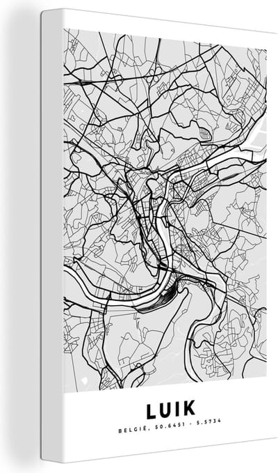 Canvas Schilderij Stadskaart – Plattegrond – België – Zwart Wit – Luik – Kaart - 20x30 cm - Wanddecoratie