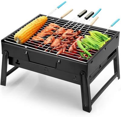 TOVBMUP BBQ-grill - Houtskool BBQ-grill voor op het bureau - Draagbare BBQ-grill - Klein - Opvouwbaar - Roestvrij staal - Geschikt voor kamperen, picknicks en barbecues in de buitenlucht