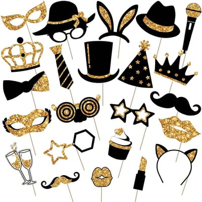 Somstyle Photobooth Props Set - 23 Stuks - Feest & Bruiloft Maskers - Fotohokje Rekwisieten - Goud & Zwart