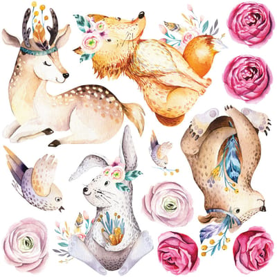 Muurstickers - Dieren en bosrozen - Transparante achtergrond - 40x40cm