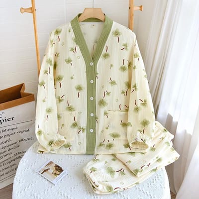 Nieuwe Lente/Zomer Dames Pyjama Set Lange Mouw Broek 100% Katoen Crêpe Cardigan V-Hals Huispak Tweedelige Set Nachtkleding XL