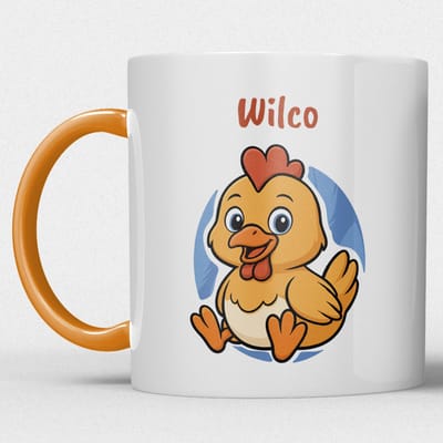 kindermok/kinderbeker | gepersonaliseerd met naam | met kip | oranje | Schattige illustraties