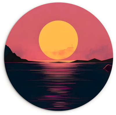 WallCircle® Wandcirkel 120x120 cm - Muurcirkel Zon - Geel - Bergen - Water - Muurdecoratie woonkamer - Wanddecoratie slaapkamer - Kamer decoratie accessoires - Ronde schilderijen XXL
