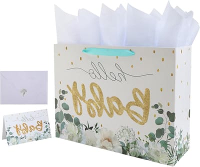 Extra grote witte cadeautas van 41,9 cm met wenskaart en zijdepapier (gouden glitter "Baby") voor babyshower, meisjesverjaardag, verjaardagsfeest voor vrouwen, 41,9 x 14 x