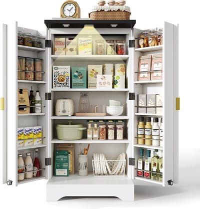 MODFU Keukenkast met LED Sensorverlichting en Specerijenrek, Dubbele Deuren met Verstelbare Planken – Wit, 120 x 60,5 x 40 cm