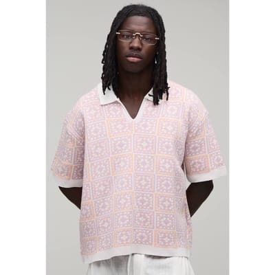 Oversized Boxy Crochet Square Knitted Polo T-Shirt | Pink | Size XS