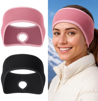 Dailygoods- Sporthoofdband 2 stuks - Fleece Oorwarmers - Hoofdband Dames - Winter - Paardenstaart-gat - Zwart/Roze - 13 x 25 cm