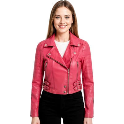 Dames fuchsia roze cropped Brando leren bikerjack - Bellville