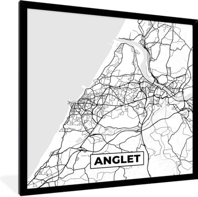 Fotolijst incl. Poster Zwart Wit- Anglet - Kaart – Stadskaart – Frankrijk – Plattegrond - Zwart wit - 40x40 cm - Posterlijst