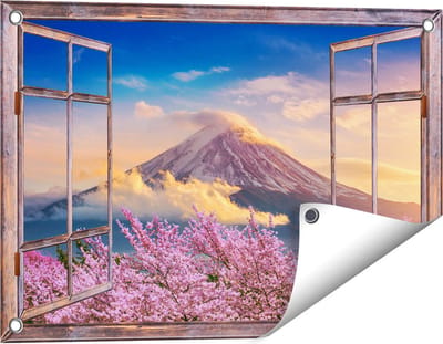 Gards Tuinposter Doorkijk Fuji Berg met Roze Bloesembomen - Bloemen - 60x40 cm - Tuindoek - Tuindecoratie - Wanddecoratie buiten - Tuinschilderij