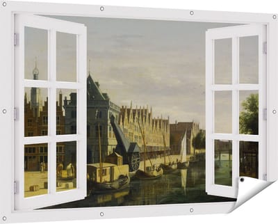 Gards Tuinposter Doorkijk De Waag en de Kraan aan het Spaarne te Haarlem - Gerrit Adriaensz Berckheyde - 150x100 cm - Tuindoek - Tuindecoratie - Wanddecoratie buiten - Tuinschilderij