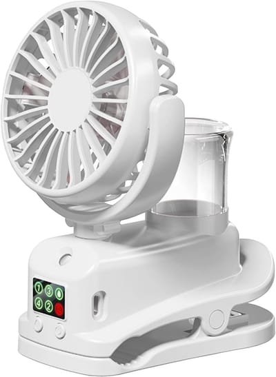 Clip-On Cooling Ventilator - Ventilator Met Waternevel - 4 Standen - Draagbare Mini Ventilator - Mini Fan - Waaier - Luchtbevochtiger - Mini Airco - Draadloze Tafelventilator - 800MAH USB Oplaadbaar - Voor Thuiskantoor, Reizen, Buiten - Wit