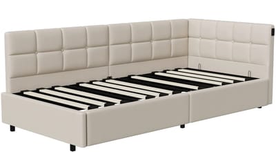 Innovastore Eenpersoonsbed - Gestoffeerd Bed - Kinderbed - Slaapbank - Fluwelen bed - met Lattenbodem - Excl matras - Beige