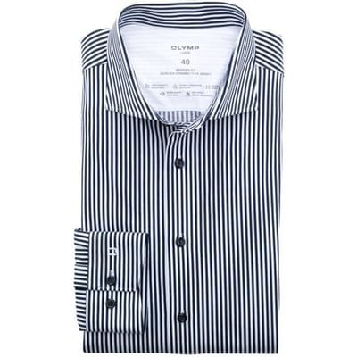 OLYMP Luxor 24/7 modern fit overhemd - tricot - marineblauw gestreept - Strijkvrij - Boordmaat: 39
