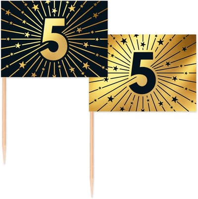 50 Vlagprikkers goud / zwart 5 jaar - Golden Celebrations - Hapjes Cocktailprikkers Tapas Prikkers Feestje