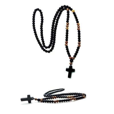 Sorprese houten/kunststof - ketting heren - kralenketting - hout-zwart - met stenen kruis - 70 cm - 6 mm kralen - cadeau - Model Z