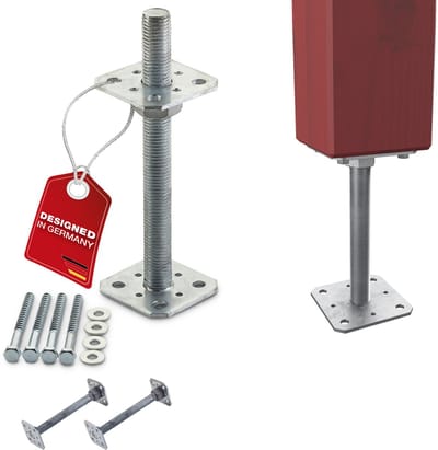 SOTECH set van 2 paaldragers 80 x 80 x 250 mm schroefdraad M24 staal thermisch verzinkt houten paaldragers in hoogte verstelbare steunvoet om vast te schroeven weerbestendig