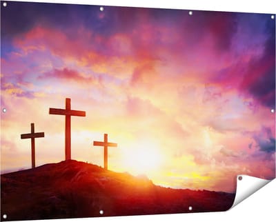 Gards Tuinposter Kruisiging van Jezus Christus - Drie Kruisen - 150x100 cm - Tuindoek - Tuindecoratie - Wanddecoratie buiten - Tuinschilderij
