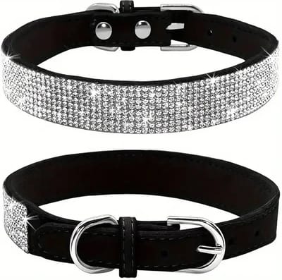 Honden halsband Zwart- Halsband Honden met Glitter en Strass - Zwart maat S - Luxe Honden Halsband - Petshop Seven®