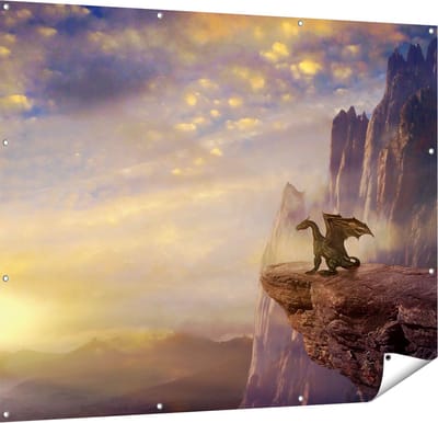 Gards Tuinposter Draak op een Rots bij Zonsondergang - 150x120 cm - Tuindoek - Tuindecoratie - Wanddecoratie buiten - Tuinschilderij