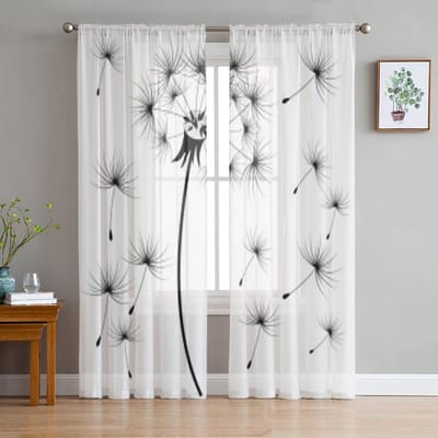 Grafische Tekening van Parachute Paardenbloem Transparante Gordijnen voor Woonkamer Tule Raamgordijn Slaapkamer Keuken Sluier Gordijnen 135W x 114H(cm) white