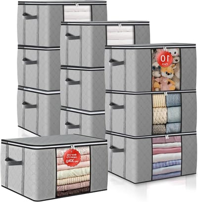 Set van 10 Opbergdozen voor Kleding - Vouwbare Transparante Dozen met Rits voor Organisatie van Kasten en Dekbedden - 90L Grijs