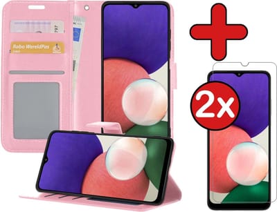 Hoesje - Met 2x Screenprotector - Geschikt voor Samsung Galaxy M22 - Luxe Pasjeshouder - Flip Case - Bookcase Portemonee - Kunstleer Book Case - Flipcase Hoes - Book Cover - Walletcase - Portemonneehoes - Telefoonhoes - Lichtroze