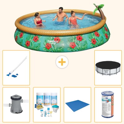 Bestway Rond Opblaasbaar Fast Set Zwembad - Paradijsprint - 457 x 84 cm - Inclusief Pomp - Onderhoudspakket - Grondzeil - Filter - Stofzuiger - Afdekzeil - 7-delig