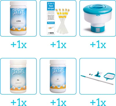 Zwembad Onderhoudspakket - Onderhoud Zwembad - bevat Chloor - Testrips - Chloordrijver - PH-min - PH-plus en Schoonmaakset (6-delig)