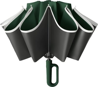 longziming -Omgekeerde Re Paraplu Donkergroen met Karabijnhaak – Winddicht & Waterdicht – Automatisch Open/Dicht – UV-bescherming UPF 50+