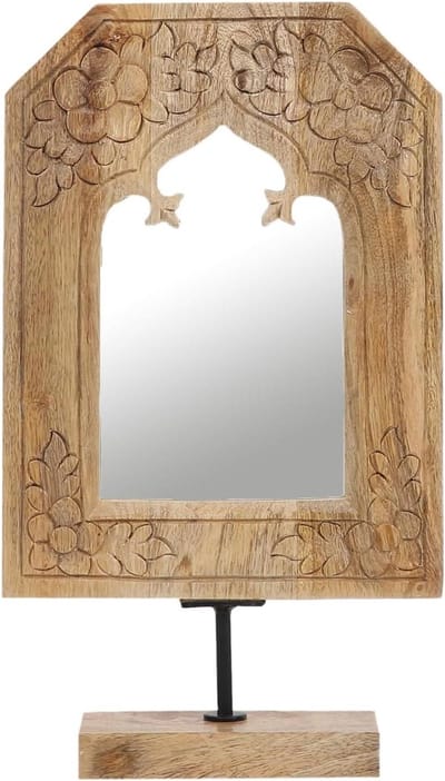Houten Make-up Spiegel - Kaptafel Spiegel Staand - Make-up Aanbrengen - Handgesneden Design - 38 cm Hoog - Natuurlijk Bruin