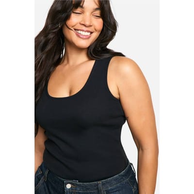 Dames Boohoo Basics Plus Geribbelde Vest met Brede Bandjes en Volledige Lengte Vest | Zwart | Maat: 46