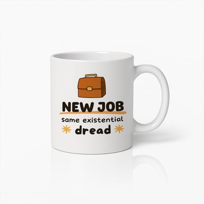 New Job Same Existential Dread Koffiemok 330ml – Grappige Kantoor Quote Beker – Humoristisch Cadeau voor Collega’s & Nieuwe Werknemers