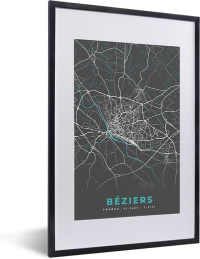 Fotolijst incl. Poster - Béziers – Plattegrond – Frankrijk – Kaart – Stadskaart - 40x60 cm - Posterlijst