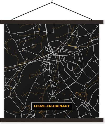 Posterhanger incl. Poster 60x60 cm - Schoolplaat - Leuze-en-Hainaut - Plattegrond - Kaart - Stadskaart - Goud - Textielposter - Zwarte latten - Stadskaart