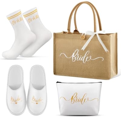 Set van 4 jute draagtassen voor bruid – make-uptas, slippers, sokken – bruidsaccessoires voor bruiloft, vrijgezellenfeest, verloving