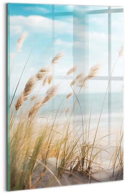 Wallfluent Glasschilderij - Landschap met gras, strand en zee in boho-stijl Glas Foto - 20x30 cm - Beige Verticale Muurschildering - Landschap Glazen Schilderij - Foto Op Glas - Foto Schilderij Op Glas