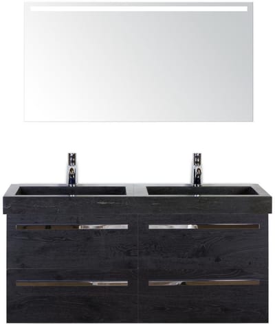 Seville Badmeubelset 120 cm - 4 Laden Black Oak - Wastafel Lucca Dubbel met Sence Spiegel