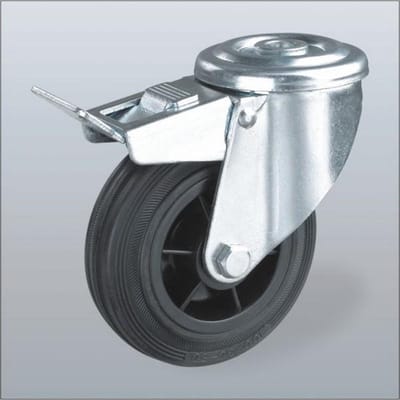 Rubber zwenkwiel geremd met centraal gat - 125mm - 120kg