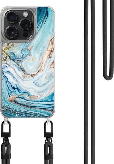 Hoesje met koord geschikt voor iPhone 13 Pro - Marmer blauw goud - Inclusief zwart koord - Crossbody beschermhoes - Transparant, Blauw, Goud - Mooie Telefoonhoesjes