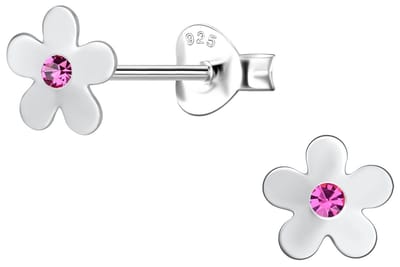 Joy|S - Zilveren bloemetje oorbellen - zilver - egaal gepolijst - 6 mm - roze kristal - bloem - sterling zilver 925