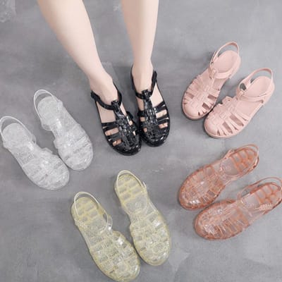 Nieuwe sandalen dames zomer platte bodem lage hak kristal schoenen schattige antislip waterdichte plastic gelei schoenen 40 beige