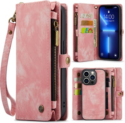 Geschikt Voor iPhone 13 Pro Hoesje - Solidenz Wallet Case 13 Pro - Telefoonhoesje 13 Pro - 13 Pro Case Met Pasjeshouder - Met Ritsvak - Met Polskoord - Portemonee Hoes - Roze