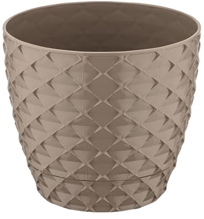 3+2 - Bloempotten - rond taupe met afwatering en wateropvang - 5 ronde mokka sierpotten