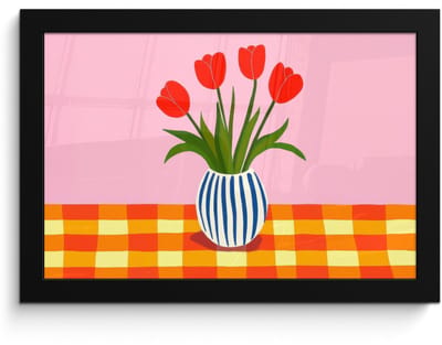 Poster in lijst - Fotolijst 30x20 cm - Posters - Tulpen - Roze - Vaas - Posterlijst zwart - Decoratie - Wanddecoratie woonkamer - Muurdecoratie slaapkamer