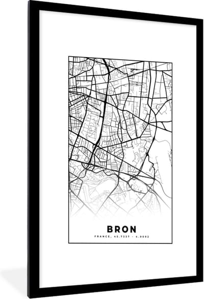 Fotolijst incl. Poster Zwart Wit- Plattegrond - Kaart - Frankrijk - Stadskaart - Bron - Zwart wit - 60x90 cm - Posterlijst